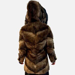 Genuine Beaver Fur Coat Vintage Luxury Hood Buttons Pockets Chevron Pattern